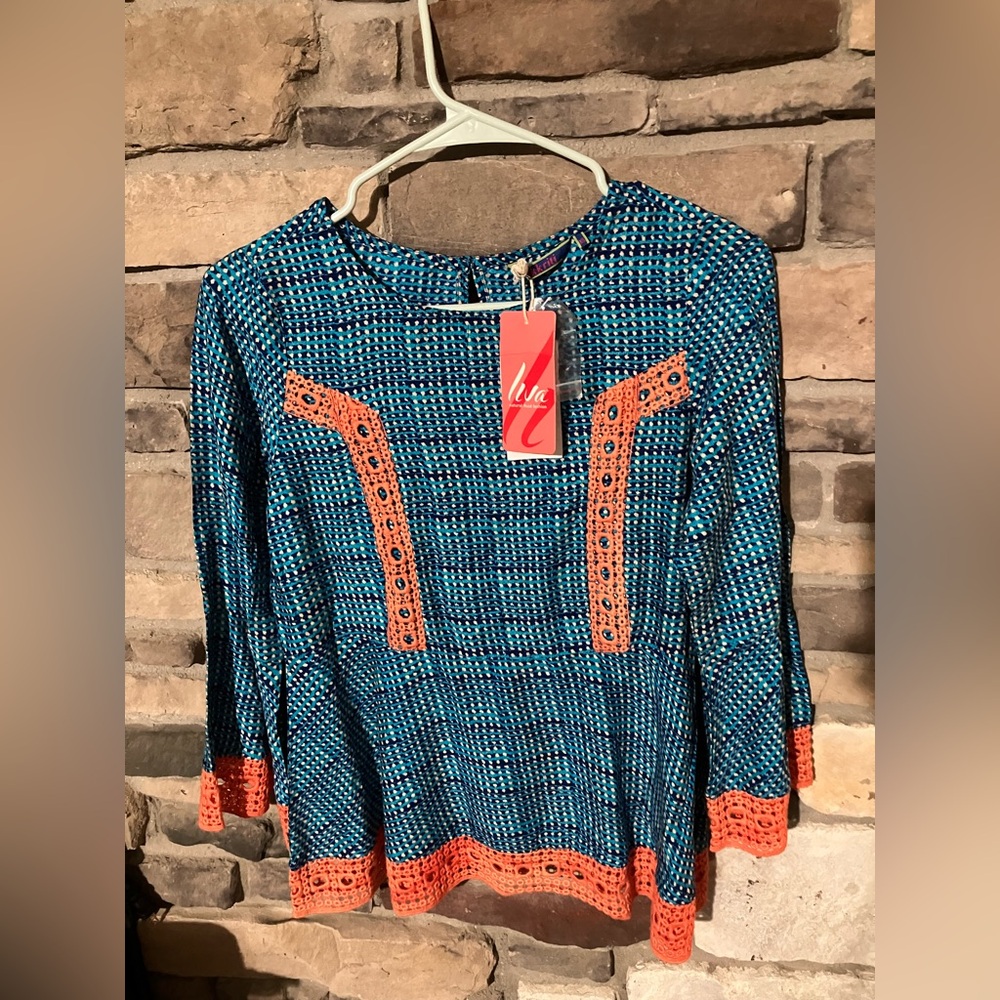 Akkriti Blue Orange Crochet Trim Boat Neck Bell Sleeve Blouse-NWT
